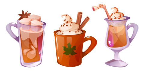 Autumn hot beverage collection of pumpkin spice drinks - glass cups and maple leaf ceramic mug filled with whipped cream, marshmallows, cinnamon sticks, star anise, straw. Seasonal warm drinks.