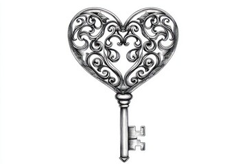 Ornate silver heart-shaped key isolated on white background.