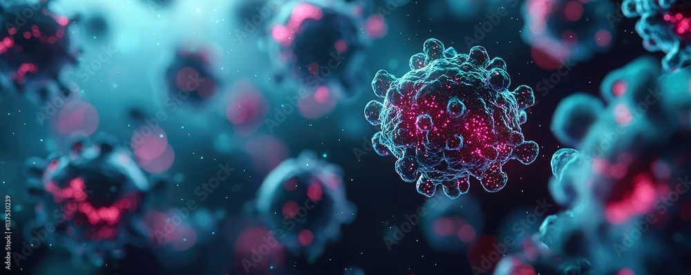 Poster cancer cells idea. close-up view of a virus on a colorful, abstract background showcasing cellular s