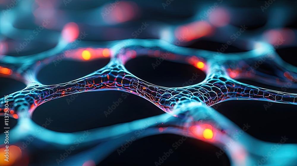 Poster Cancer cells idea. A close-up view of intricate cellular structures with glowing elements.