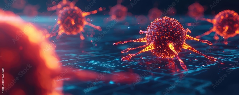 Poster cancer cells idea. detailed close-up of colorful virus particles in a digital environment, illustrat