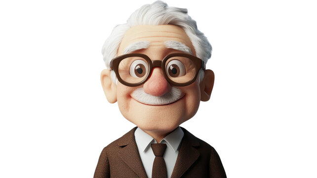 A cheerful elderly man in a brown suit, smiling confidently, with glasses and white hair, exudes friendliness.