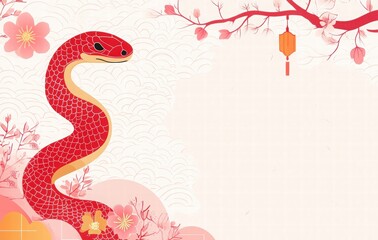 Obraz premium red snake Chinese New Year 2025 card design with geometric shapes and a colorful, patterned fabric wrapped around it. new year card background for the Chinese Lunar New Year of the Snake