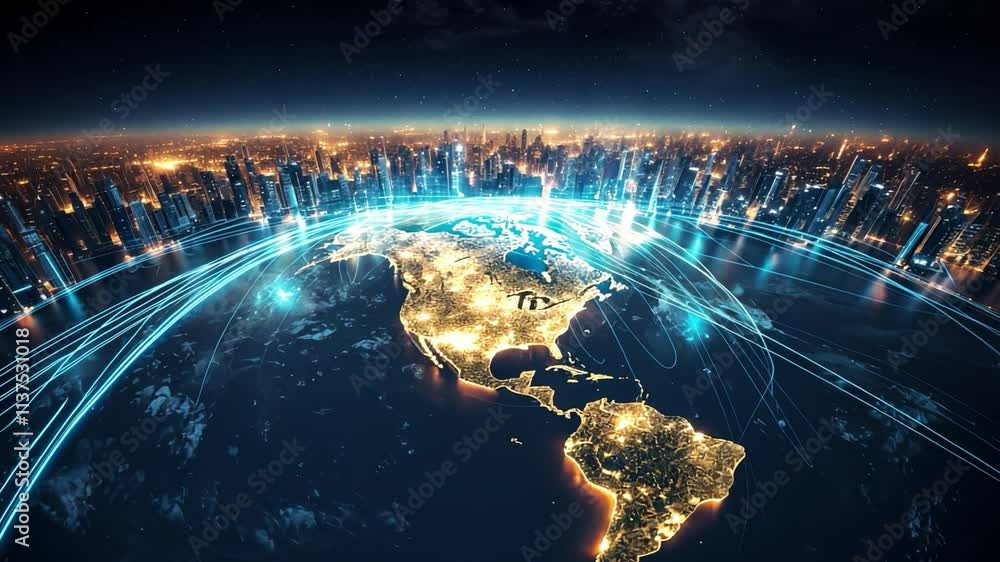 Aufkleber Global Network Connection: Illuminated Cityscapes and Data Streams Encircling the Earth