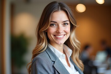 Professional Business Woman Smiling Confidently in Office Setting, Perfect for Corporate Marketing or Inspirational Content