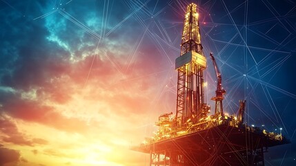Offshore oil rig at sunset with digital network overlay.