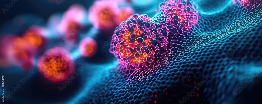 Poster cancer cells idea. close-up view of colorful microscopic cells on a textured surface.
