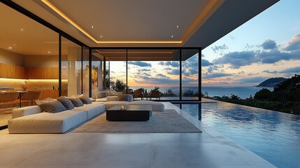 Fototapeta premium Modern villa interior with panoramic views and infinity pool at sunset.