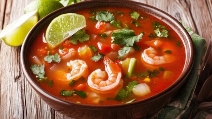 Flavorful Shrimp Soup with Fresh Ingredients and Lime Slice