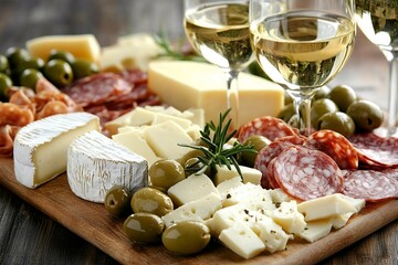 Exotic Charcuterie Board with Cheese, Olives, Meats, and White Wine. AI generated illustration