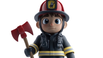 A young firefighter character holding an axe in a cartoon-style design, perfect for educational materials or children's entertainment.