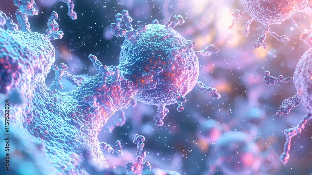 Poster Cancer cells idea. Vivid depiction of cellular structures in a microenvironment showing complex interactions.