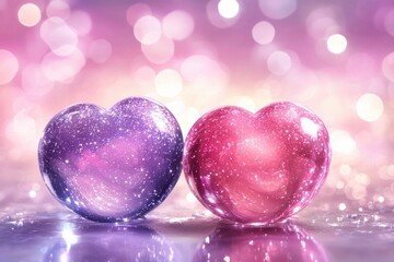 Two Sparkling Glass Hearts on Pink Bokeh Background