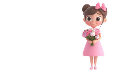 A cheerful young girl in a pink dress holding a bouquet of flowers, smiling happily against a transparent background.