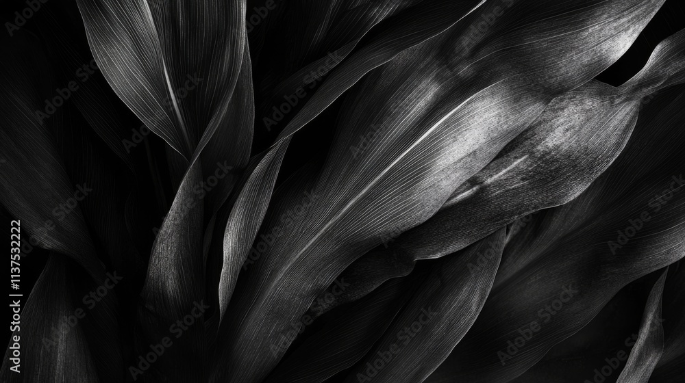 Poster a dramatic and abstract close-up of corn leaves with striking contrasts in monochrome. the detailed 