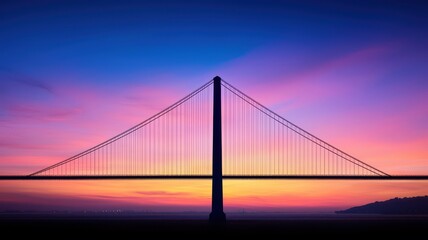 Fototapeta premium A stunning sunset silhouetting a suspension bridge against a vibrant purple and orange sky, showcasing the beauty of architecture and nature.