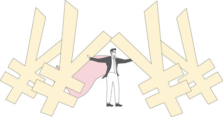 Management of financial risks and crises, leaders turning the tide, overcoming economic problems, monetary policy management, heroic leaders wearing capes to stop the collapse of the yen currency symb