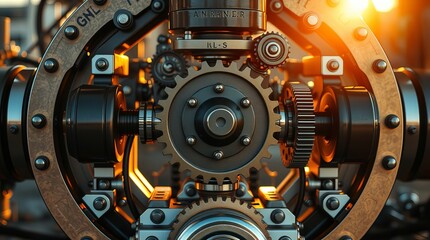 Close-up view of intricate gears and mechanical components, bathed in warm, golden light. The detailed craftsmanship and textures are striking.
