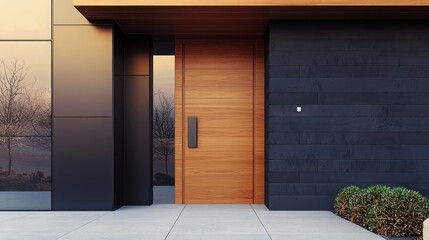 Modern architectural design features a wooden front door, framed by a clean exterior.