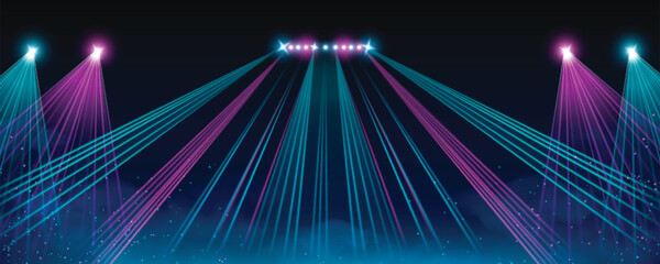 Fototapeta premium Stage lighting performance scene - dazzling spotlights with blue and pink laser beams through dark space, bright floating glitter particles and cloud on midnight background. Nightclub entertainment bg