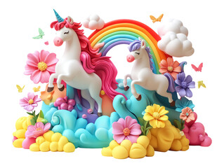 Playful 3D Rendering of Unicorns with Colorful Flowers and Rainbow