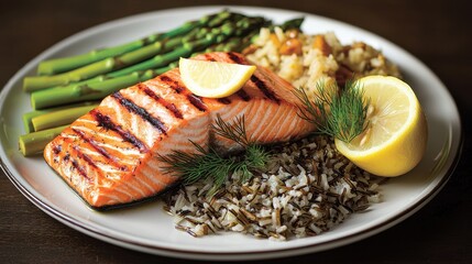A clean-eating dinner plate showcasing a perfectly grilled salmon filet, served with steamed asparagus and wild rice. A wedge of lemon and sprigs of dill garnish the dish, emphasizing simplicity 