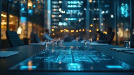 Modern conference room with digital interface display
