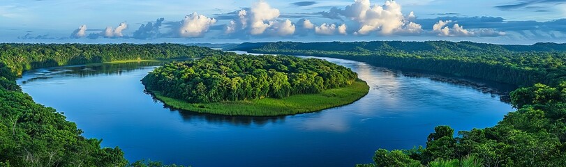 Panoramic summer river view with lush greenery and sunset reflections. AI generated illustration