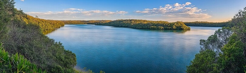 Panoramic summer river view with lush greenery and sunset reflections. AI generated illustration
