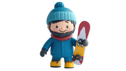 A cheerful snowboarding character wearing a blue hat and snow gear holding a snowboard in a winter-themed setting.
