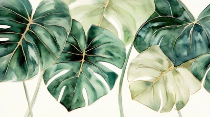 Watercolor monstera leaves on a white background. Stylish and decorative tropical leaves background. Elegant decorative monstera leaves.