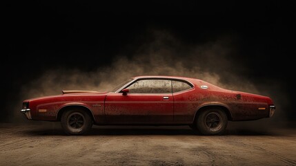 A vintage red muscle car sits on a dark road, with dust swirling around it. The side profile highlights the car. AI Generation