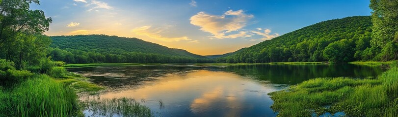 Fototapeta premium Panoramic summer river view with lush greenery and sunset reflections. AI generated illustration