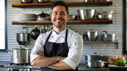 Chef's Confidence: A portrait of a smiling male chef in his professional kitchen, arms crossed, exuding confidence and culinary expertise.  