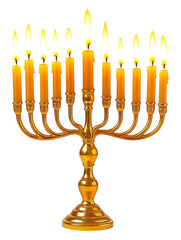 Fototapeta premium Golden Hanukkah menorah with nine lit candles burning brightly for the holiday celebration isolated on a transparent background.