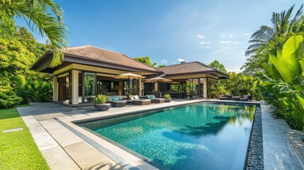 Fototapeta premium Modern villa with a pool surrounded by lush greenery and sun loungers.
