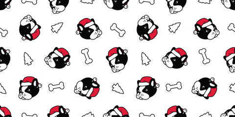 dog seamless pattern french bulldog christmas tree santa claus hat vector cartoon brown puppy bone head face pet doodle tile background gift wrapping paper repeat wallpaper illustration scarf isolated