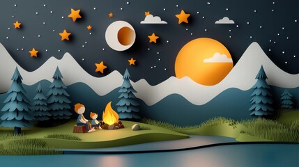 Cozy campfire surrounded by towering mountains and a starry night sky creating a peaceful and serene outdoor adventure scene  The warm glow of the flames illuminates the tranquil forest landscape