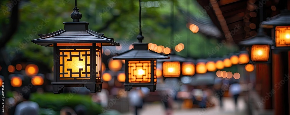 Poster chinese lanterns idea. charming lanterns illuminate a peaceful pathway in a lush garden setting.