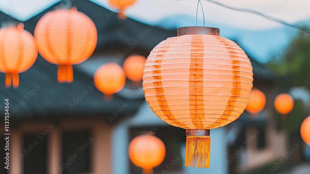 Poster chinese lanterns idea. vibrant lanterns illuminate a serene evening, creating a festive atmosphere.