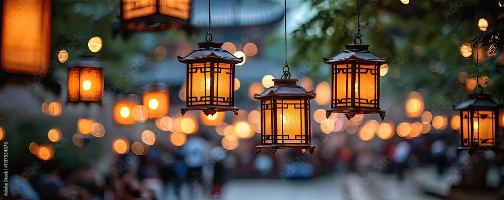 Poster Chinese lanterns idea. Illuminated lanterns create a warm ambiance in a tranquil setting for cultural celebration.