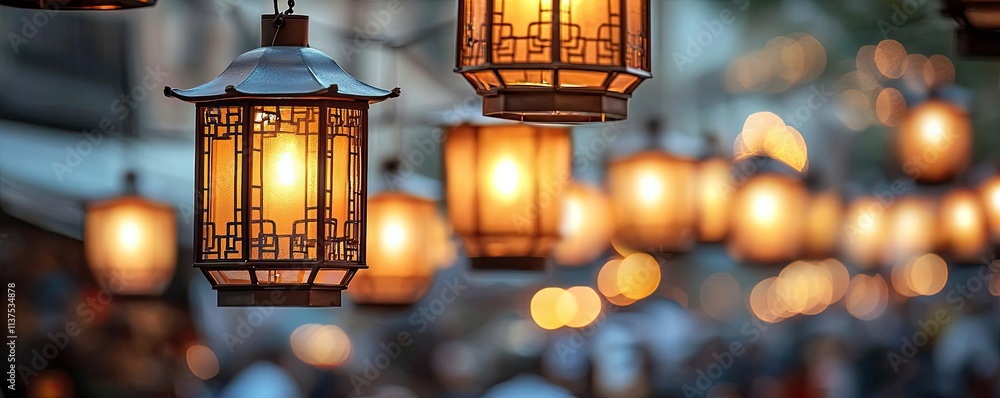 Poster Chinese lanterns idea. Beautiful lanterns hanging at dusk, creating a warm and inviting atmosphere.