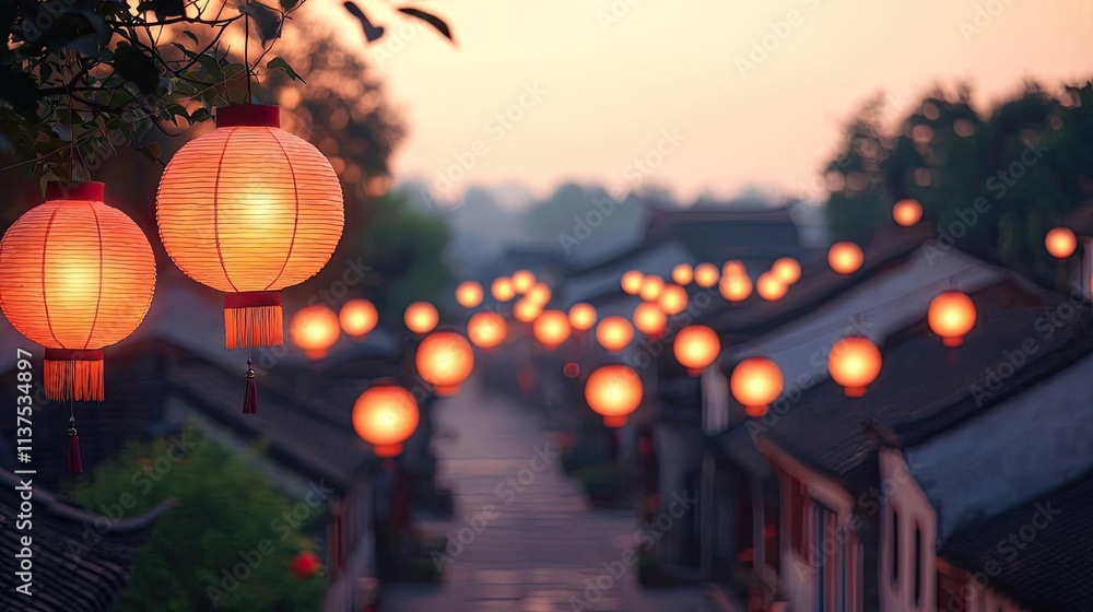 Poster chinese lanterns idea. beautiful lanterns illuminate a tranquil street at sunset, creating a serene 