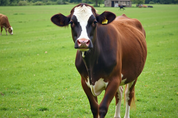 Cow in green field with brown and white coat