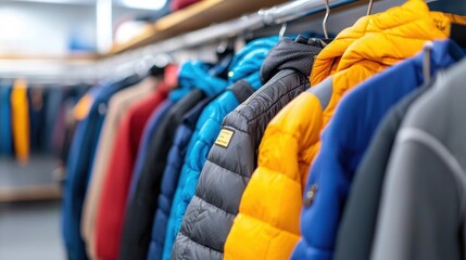 Obraz premium Assorted warm winter jackets and coats of various colors and styles hanging on display racks in a retail clothing store ready for cold weather shopping