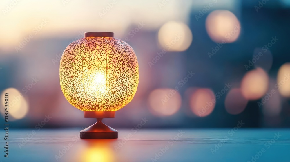 Poster chinese lanterns idea. stylish table lamp casting warm light against a blurred city background at tw