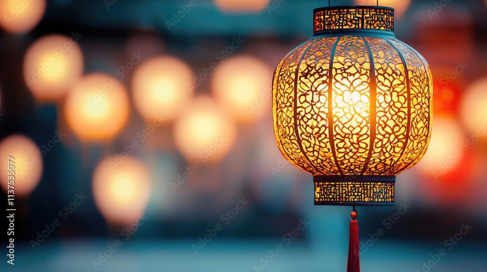 Poster chinese lanterns idea. a beautifully illuminated lantern casting warm light in a festive atmosphere.