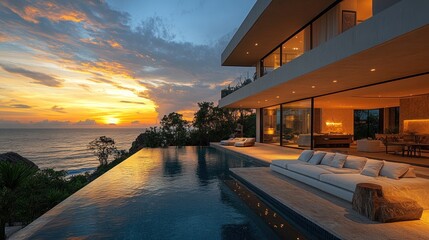 Obraz premium Modern villa with infinity pool overlooking a sunset by the ocean.
