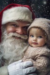 Obraz premium Jolly xmas, Ñute baby girl grin with santa claus. Christmas ad visual idea graphic for advertisement and digital use. Christmas santa with kids. Santa claus cute kids ad. Santa claus happy la.