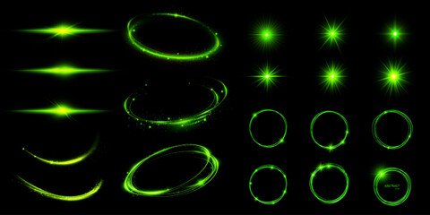 A set of light green reflection effects, neon lighting in green tones. Bright light lens. Police light effects, lines. Shiny stars, glowing sparks on a black background. © kulinskaia